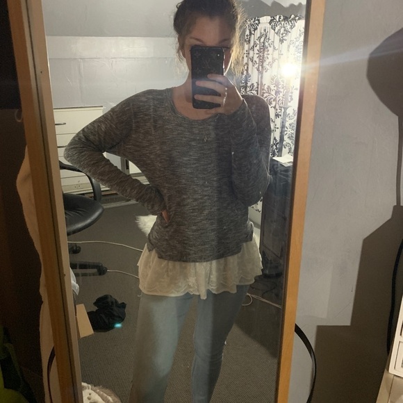 Francescas Gray Long Sleeve Lace Trim Blouse - Picture 5 of 6